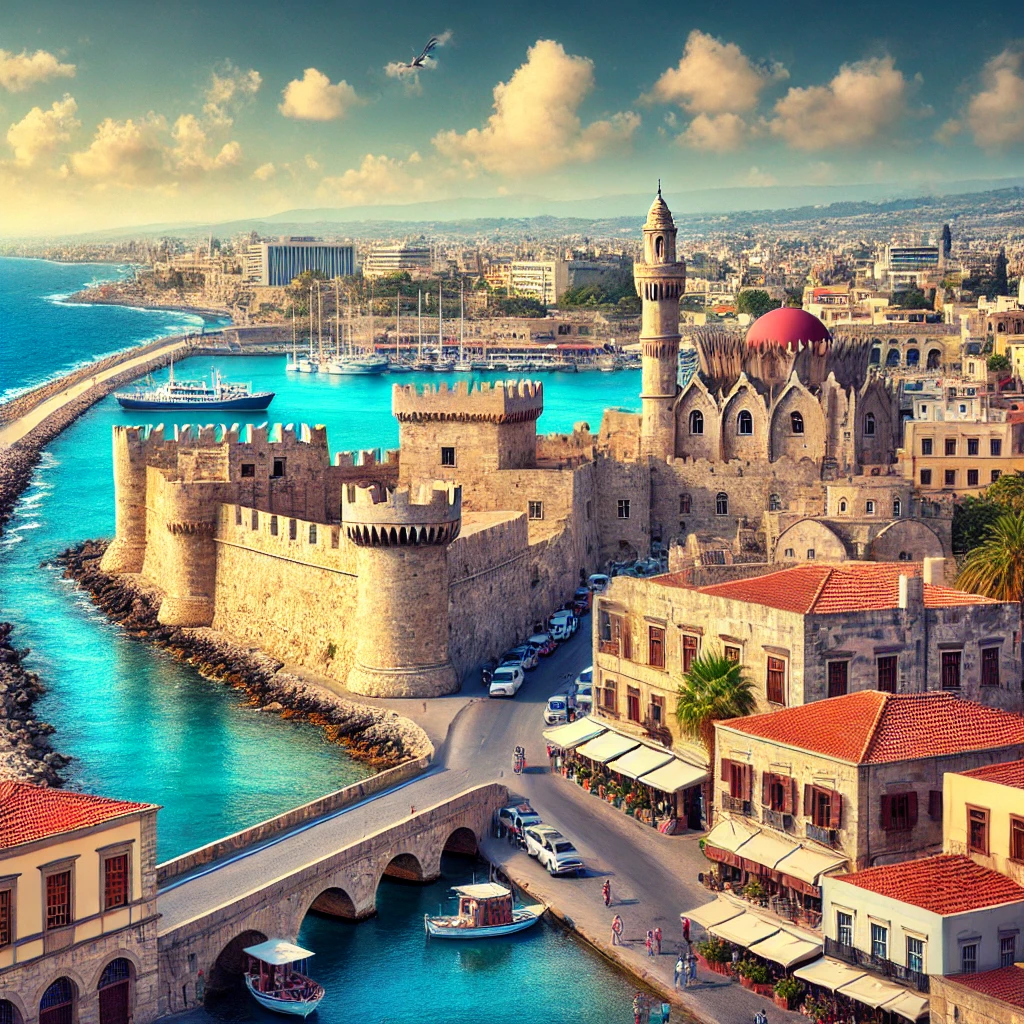 DALL·E 2024-10-11 20.39.46 - A scenic view of Rhodes city on the island of Rhodes, Greece. The image captures the medieval architecture with its ancient stone walls, narrow cobble