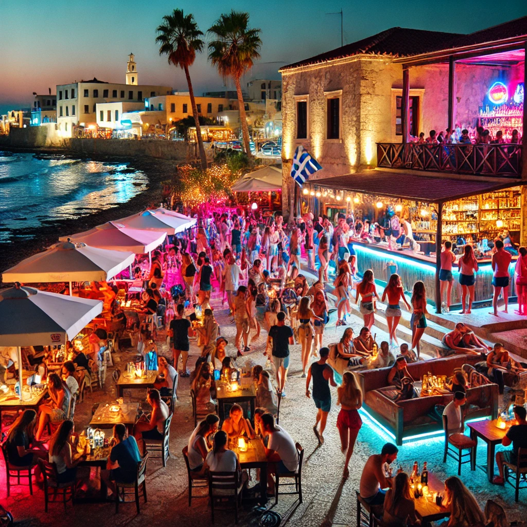 DALL·E 2024-10-15 16.52.28 - A vibrant nightlife scene in Rhodes, Greece, showing lively bars and clubs with colorful lights and people enjoying themselves. The setting is by the